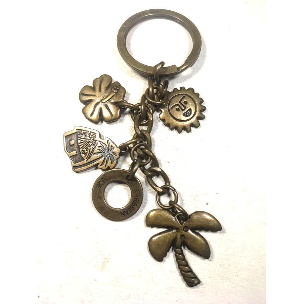 Caribbean Joe Copper Tone Keychain Palm Tree Hibiscus